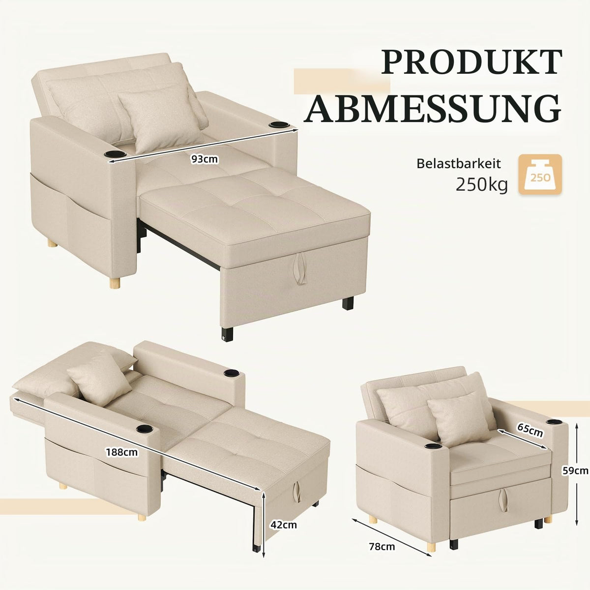 YODOLLA Schlafsofa, 36 Zoll verwandelbarer Stuhl mit Bettfunktion, beige