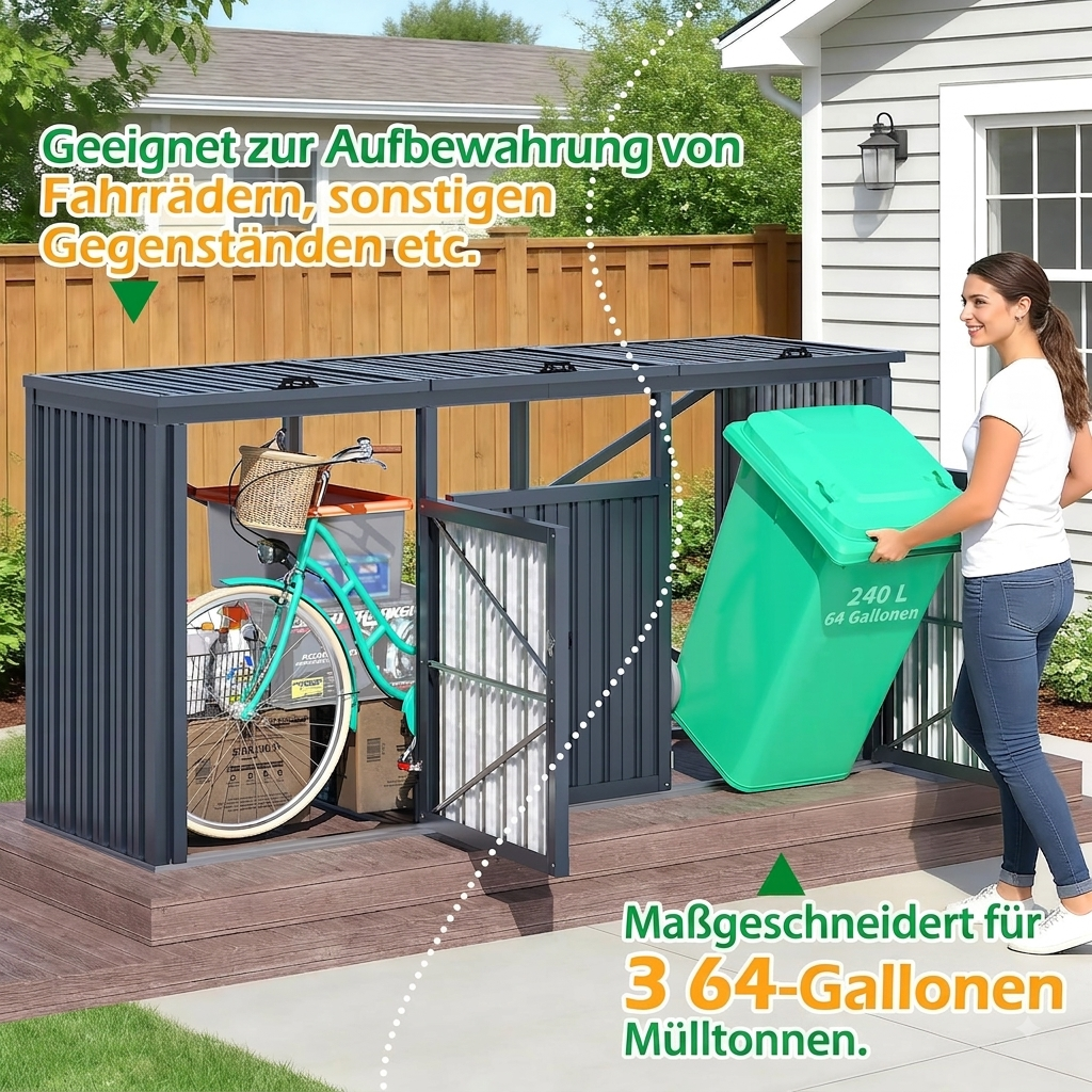 YODOLLA Mülltonnenbox-Set, 3-teilig, passend für 3 Mülltonnen bis 240 l, Grau