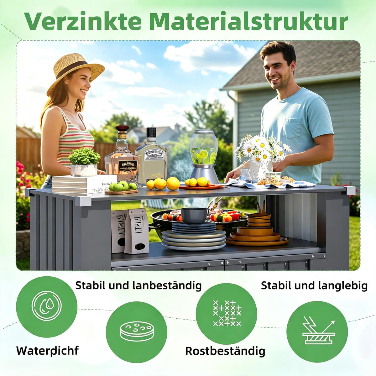 YODOLLA Grillwagen, Wetterfester Grilltisch mit Stauraumschrank, Grau