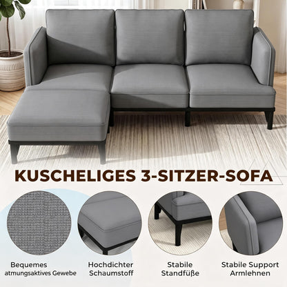 YODOLLA Ecksofa, L-förmiges Modulsofa, 3-Sitzer mit Ottomane, grau