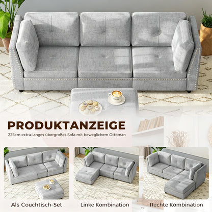 YODOLLA Ecksofa 225 cm L-förmiges Sofa mit verschiebbarem Hocker, Grau