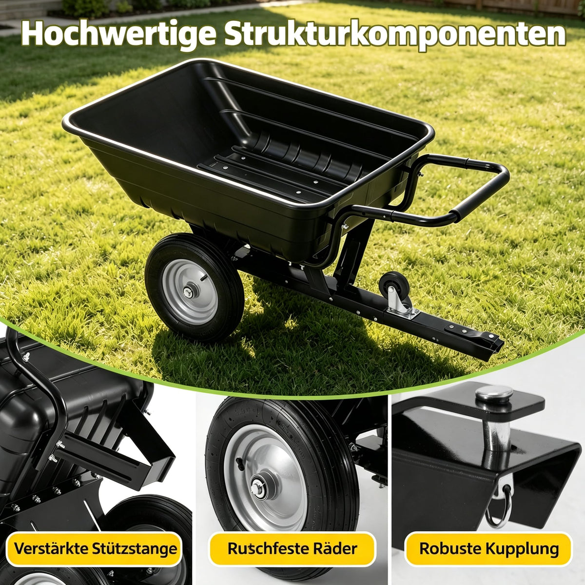 YODOLLA 2-in-1 Schubkarre XXL für Rasentraktor mit 2-Rad, 204kg Tragkraft