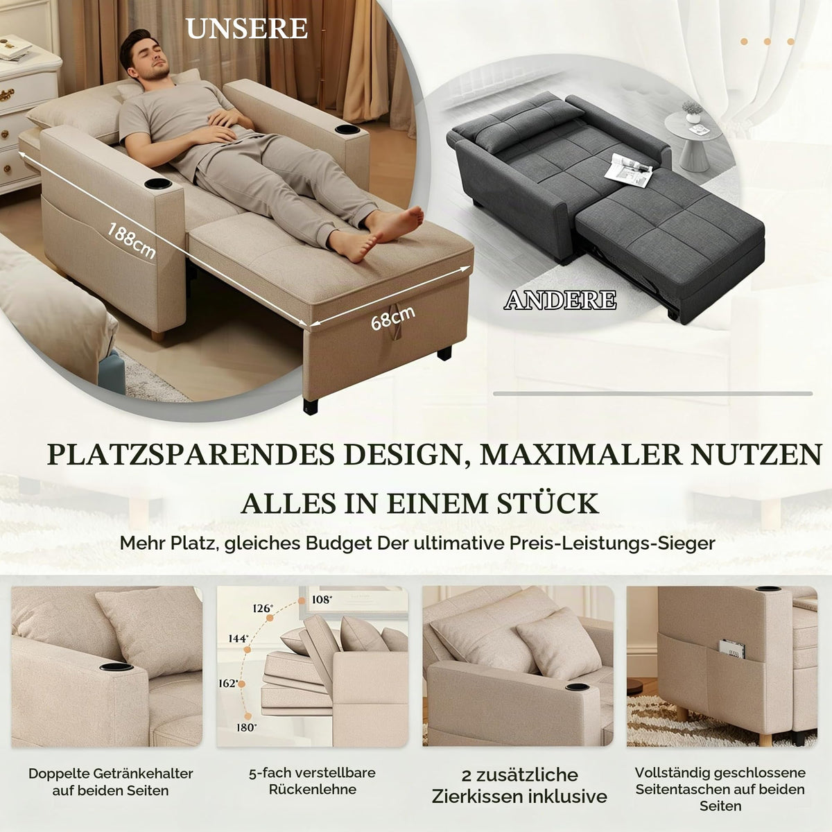 YODOLLA Schlafsofa, 36 Zoll verwandelbarer Stuhl mit Bettfunktion, beige