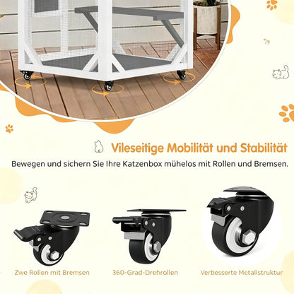 YODOLLA Katzenhaus-Außengehege mit wasserdichtes Dach & 3-stöckigem, Weiß