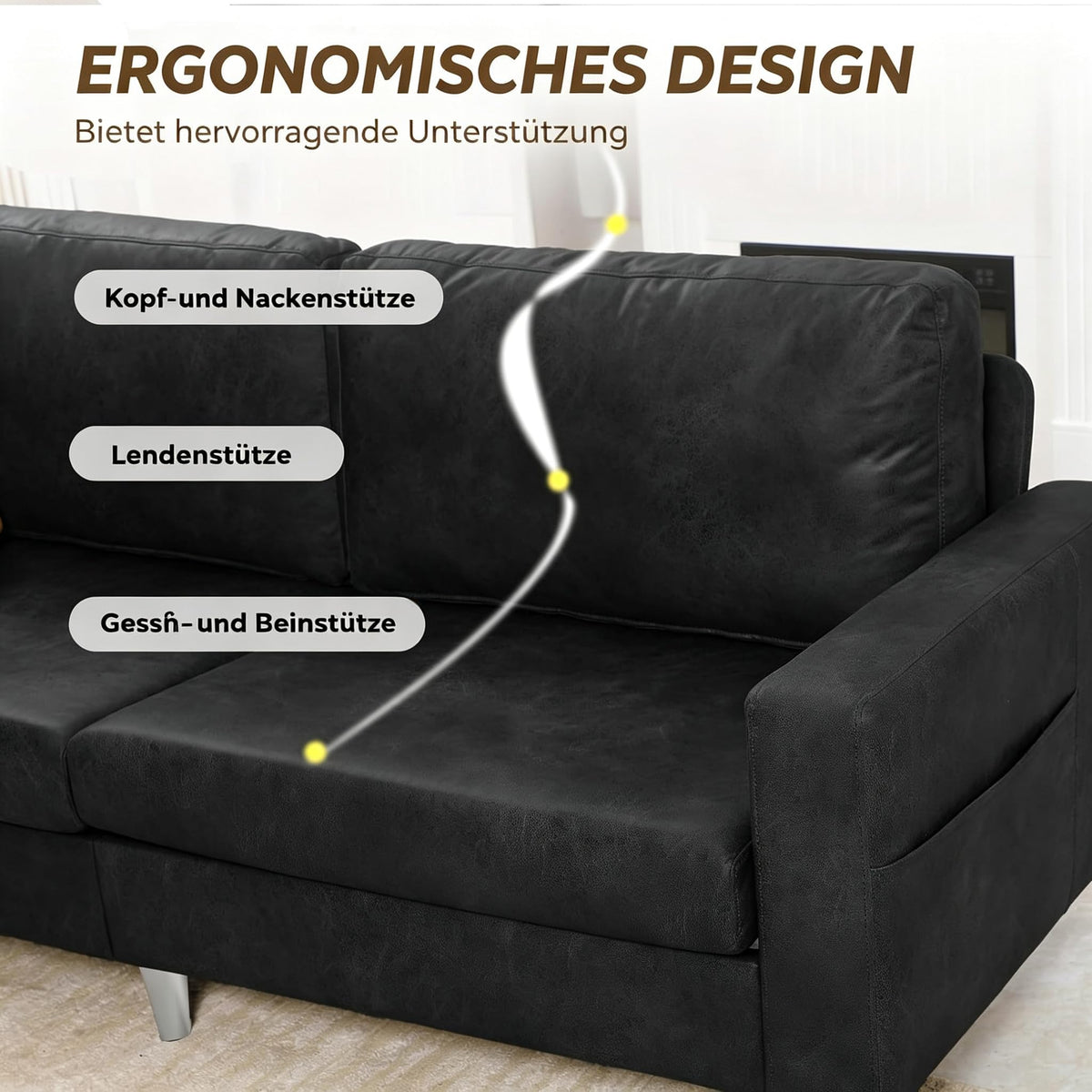 YODOLLA 3-Sitzer-Schlafsofa aus Kunstleder, 200 cm breit, schwarz