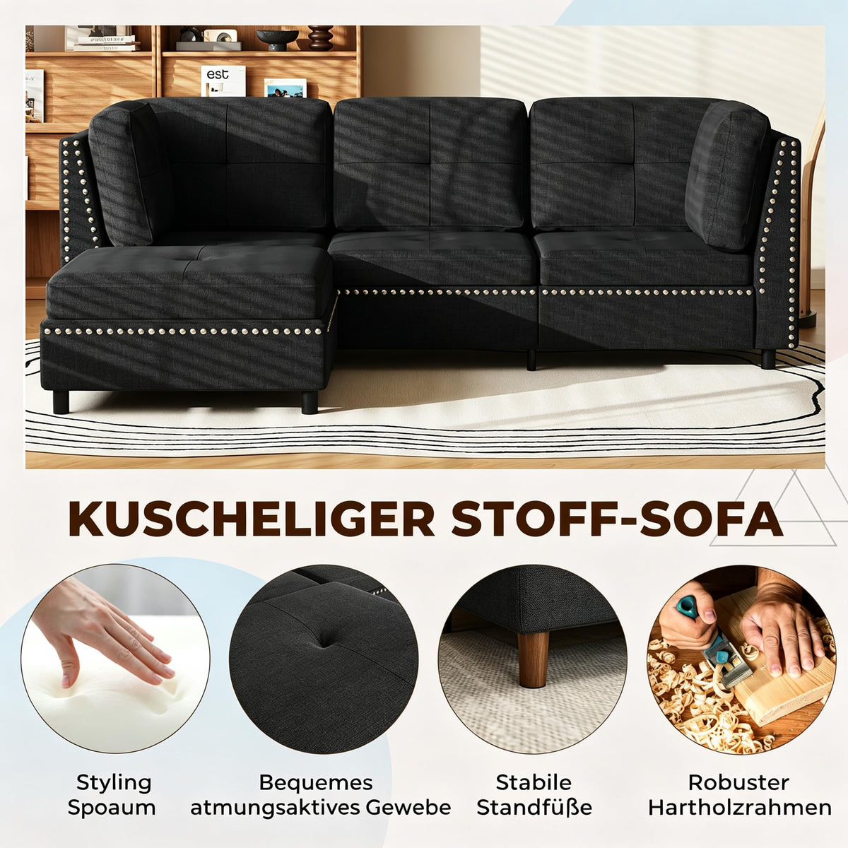 YODOLLA Ecksofa 225cm, L-Form Sofa mit Beweglichem Hocker, Schwarz