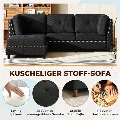 YODOLLA Ecksofa 225cm, L-Form Sofa mit Beweglichem Hocker, Schwarz