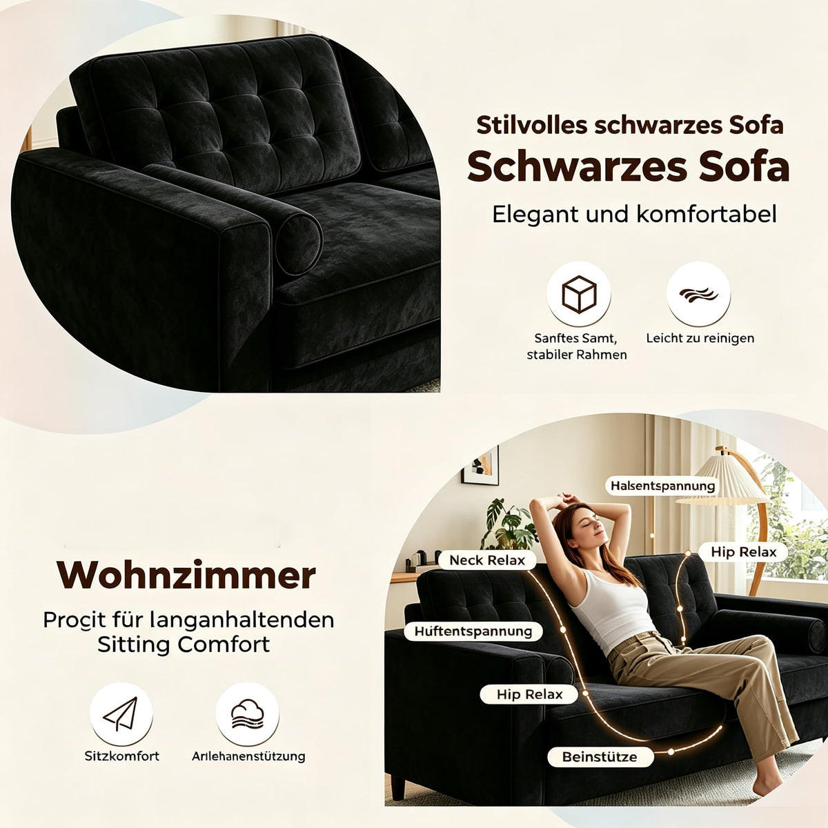 YODOLLA Sofa 3 Sitzer 208cm Schlafsofa Couch, Schwarz