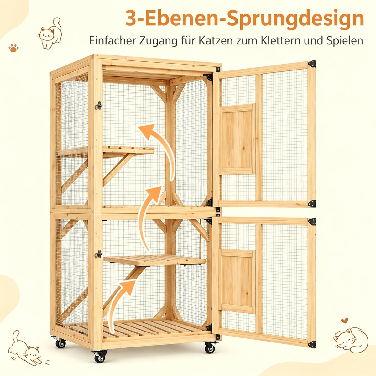 YODOLLA Katzenhaus-Außengehege mit wasserdichtes Dach & 3-stöckigem, Braun