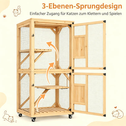 YODOLLA Katzenhaus-Außengehege mit wasserdichtes Dach & 3-stöckigem, Braun