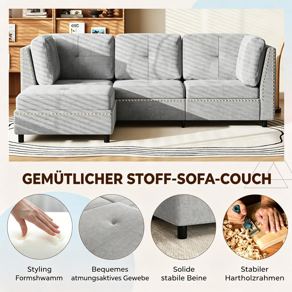 YODOLLA Ecksofa 225 cm L-förmiges Sofa mit verschiebbarem Hocker, Grau
