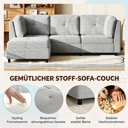 YODOLLA Ecksofa 225 cm L-förmiges Sofa mit verschiebbarem Hocker, Grau