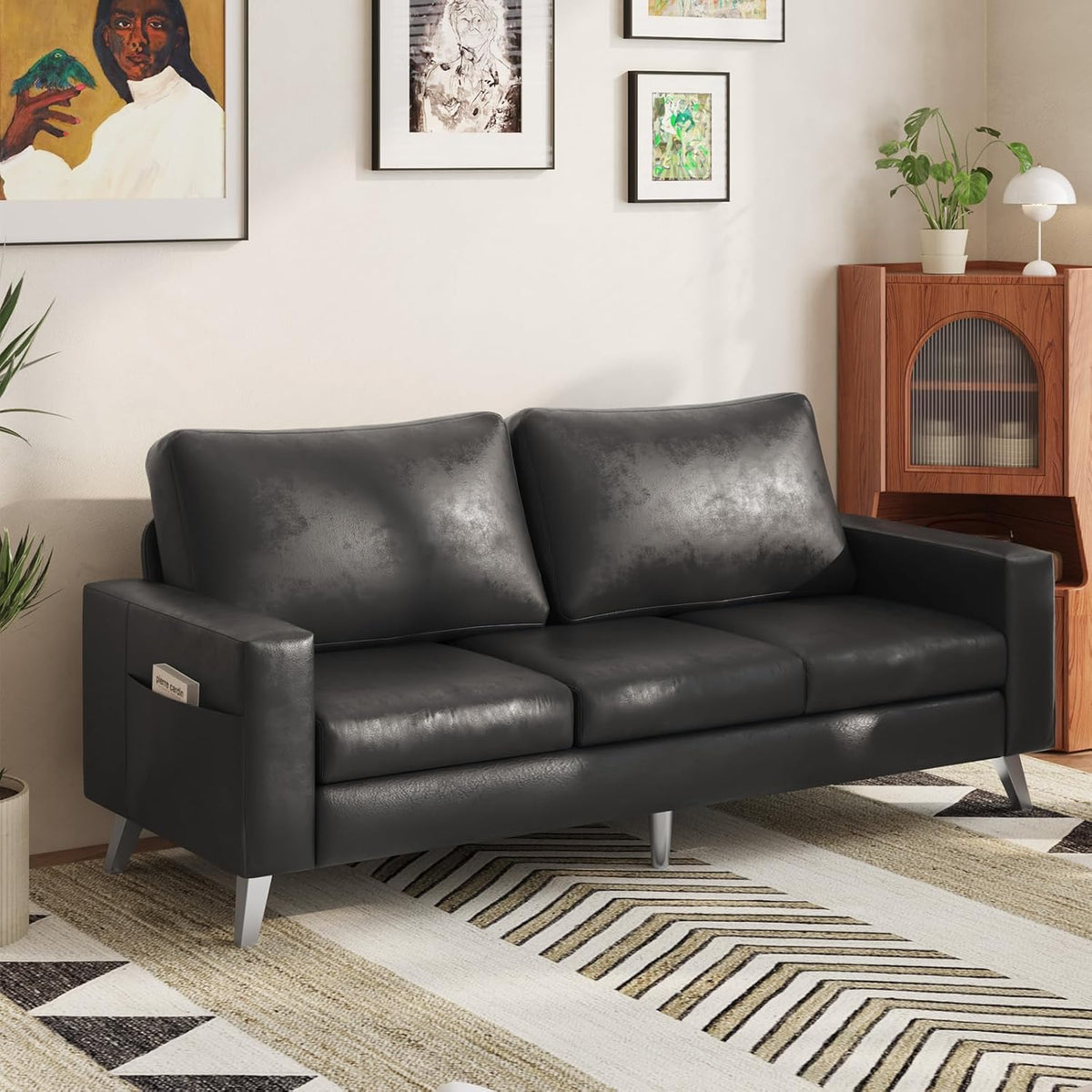 YODOLLA 3-Sitzer-Schlafsofa aus Kunstleder, 200 cm breit, schwarz