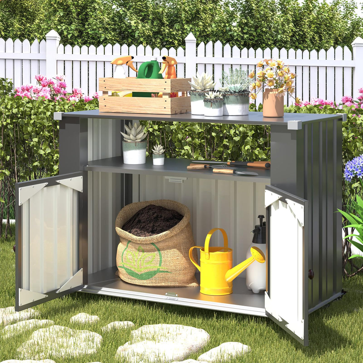 YODOLLA Grillwagen, Wetterfester Grilltisch mit Stauraumschrank, Grau