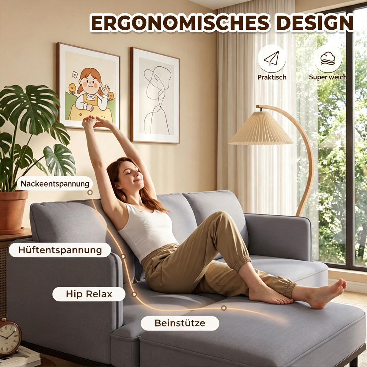 YODOLLA Ecksofa, L-förmiges Modulsofa, 3-Sitzer mit Ottomane, grau