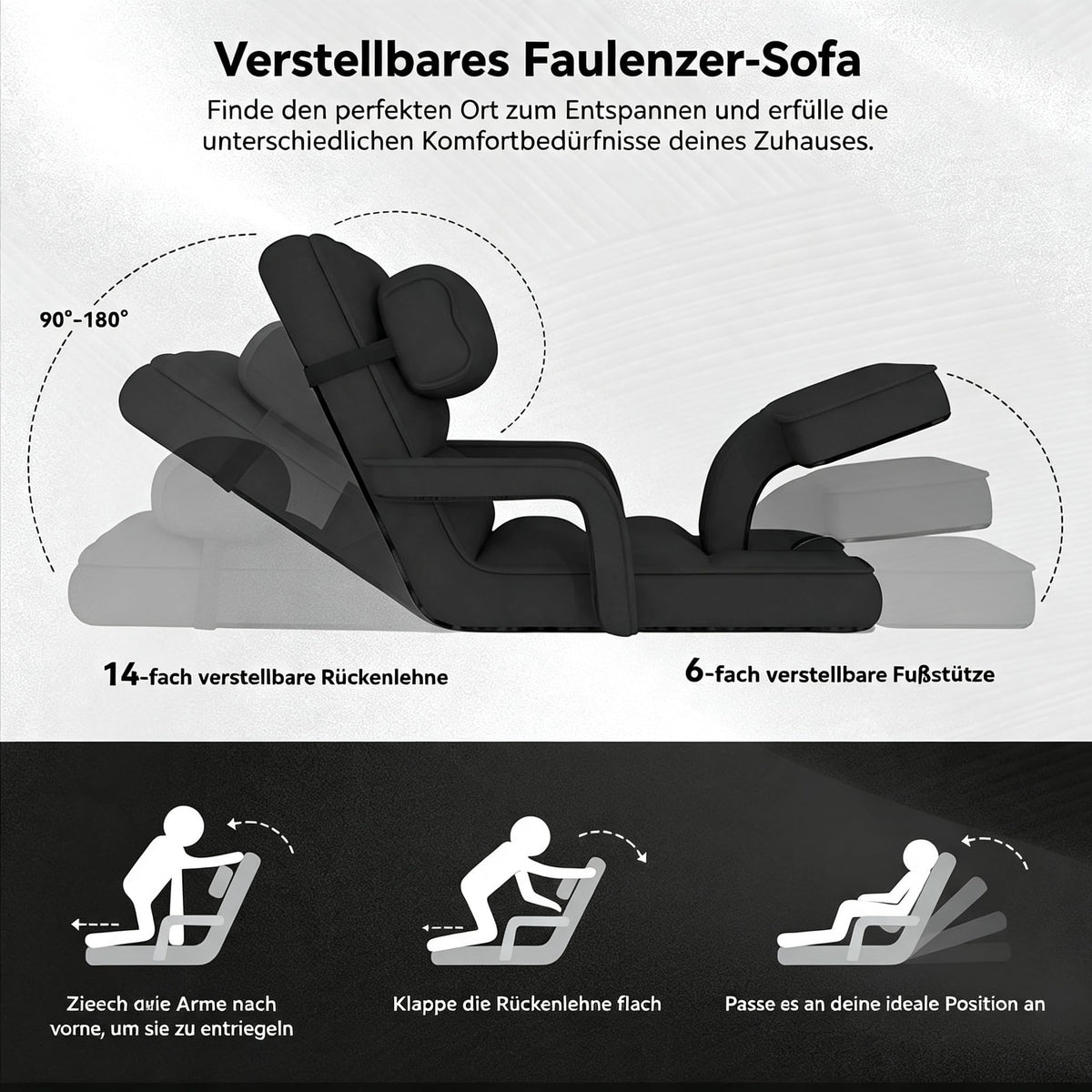 YODOLLA Relaxliege, Bodenstuhl Faltbar, Relaxsessel mit Kissen, Schwarz