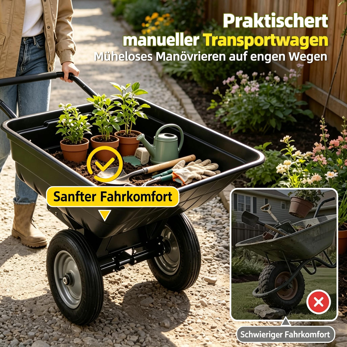 YODOLLA 2-in-1 Schubkarre XXL für Rasentraktor mit 2-Rad, 204kg Tragkraft
