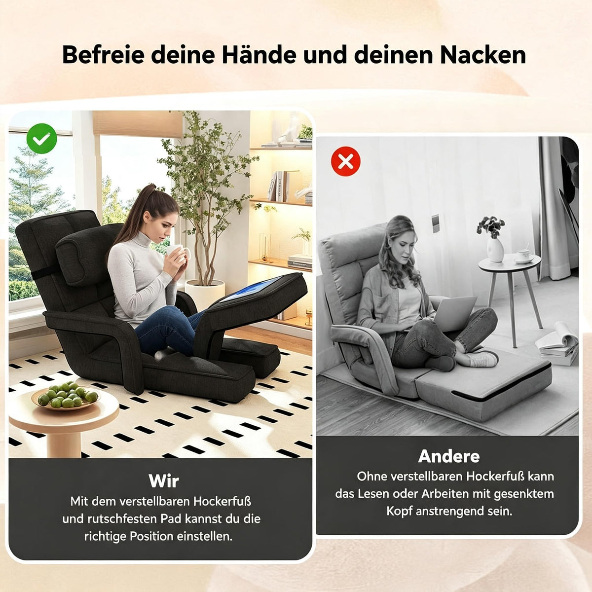 YODOLLA Relaxliege, Bodenstuhl Faltbar, Relaxsessel mit Kissen, Schwarz