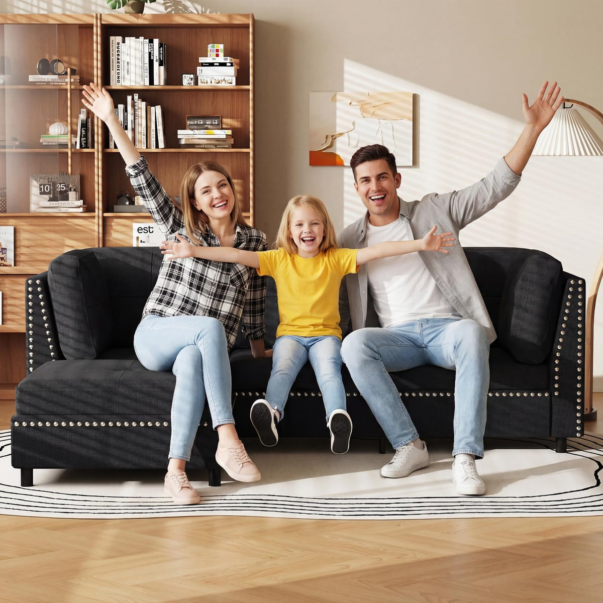 YODOLLA Ecksofa 225cm, L-Form Sofa mit Beweglichem Hocker, Schwarz