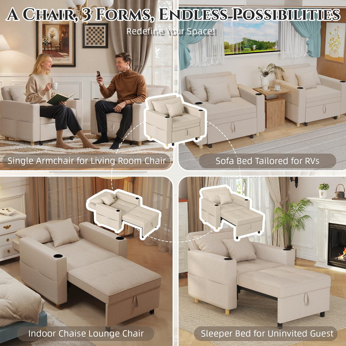 YODOLLA Schlafsofa, 36 Zoll verwandelbarer Stuhl mit Bettfunktion, beige