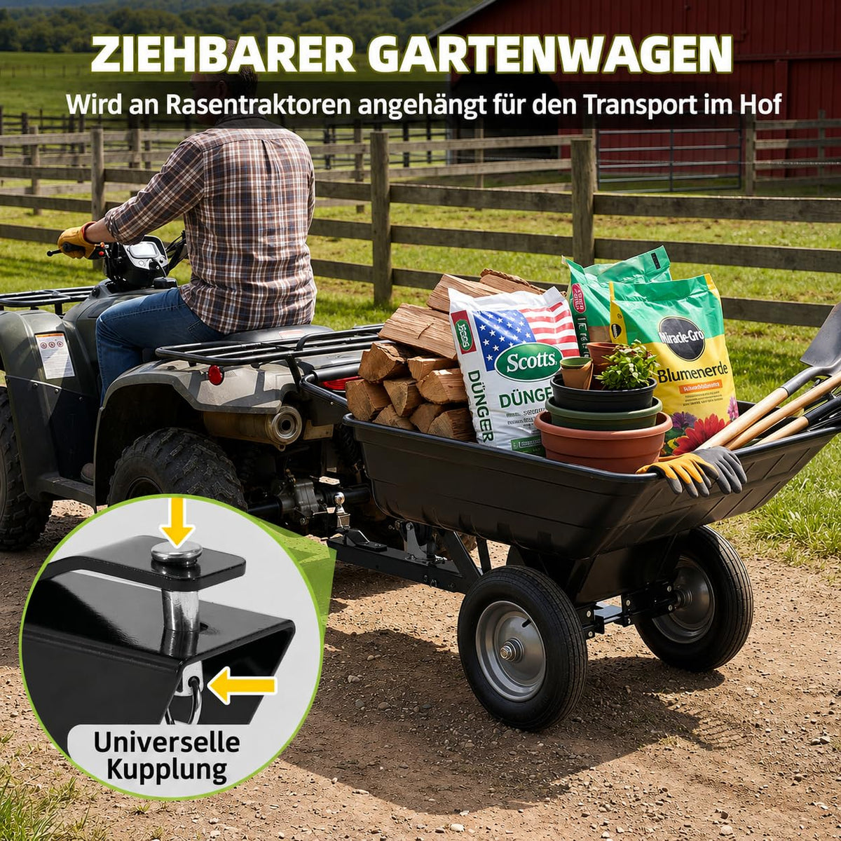 YODOLLA 2-in-1 Schubkarre XXL für Rasentraktor mit 2-Rad, 204kg Tragkraft