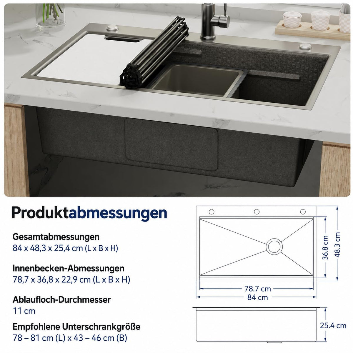 YODOLLA 84 x 48 cm Küchenspüle mit 1 Becken (Einbau / Aufsatz) – ohne Armatur