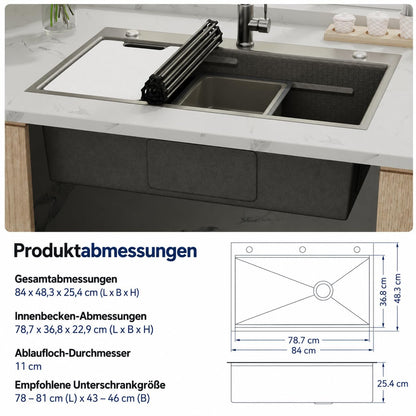 YODOLLA 84 x 48 cm Küchenspüle mit 1 Becken (Einbau / Aufsatz) – ohne Armatur