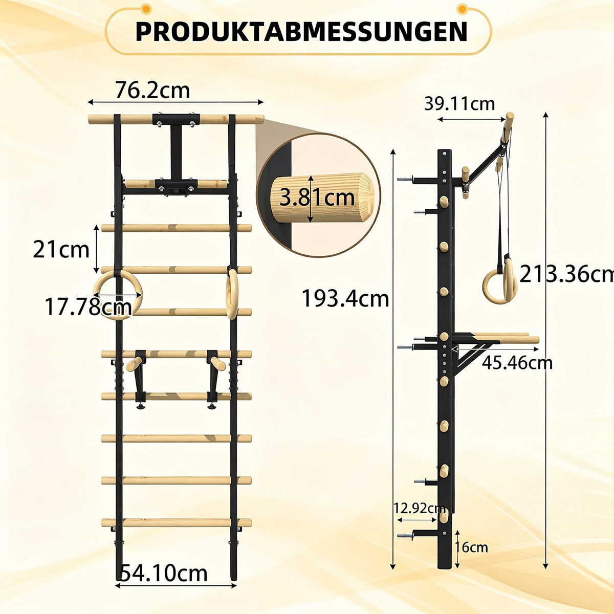 YODOLLA Sprossenwand mit Klimmzugstange, Dip-Barren & Turnringen, 213cm