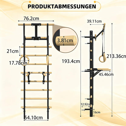 YODOLLA Sprossenwand mit Klimmzugstange, Dip-Barren & Turnringen, 213cm