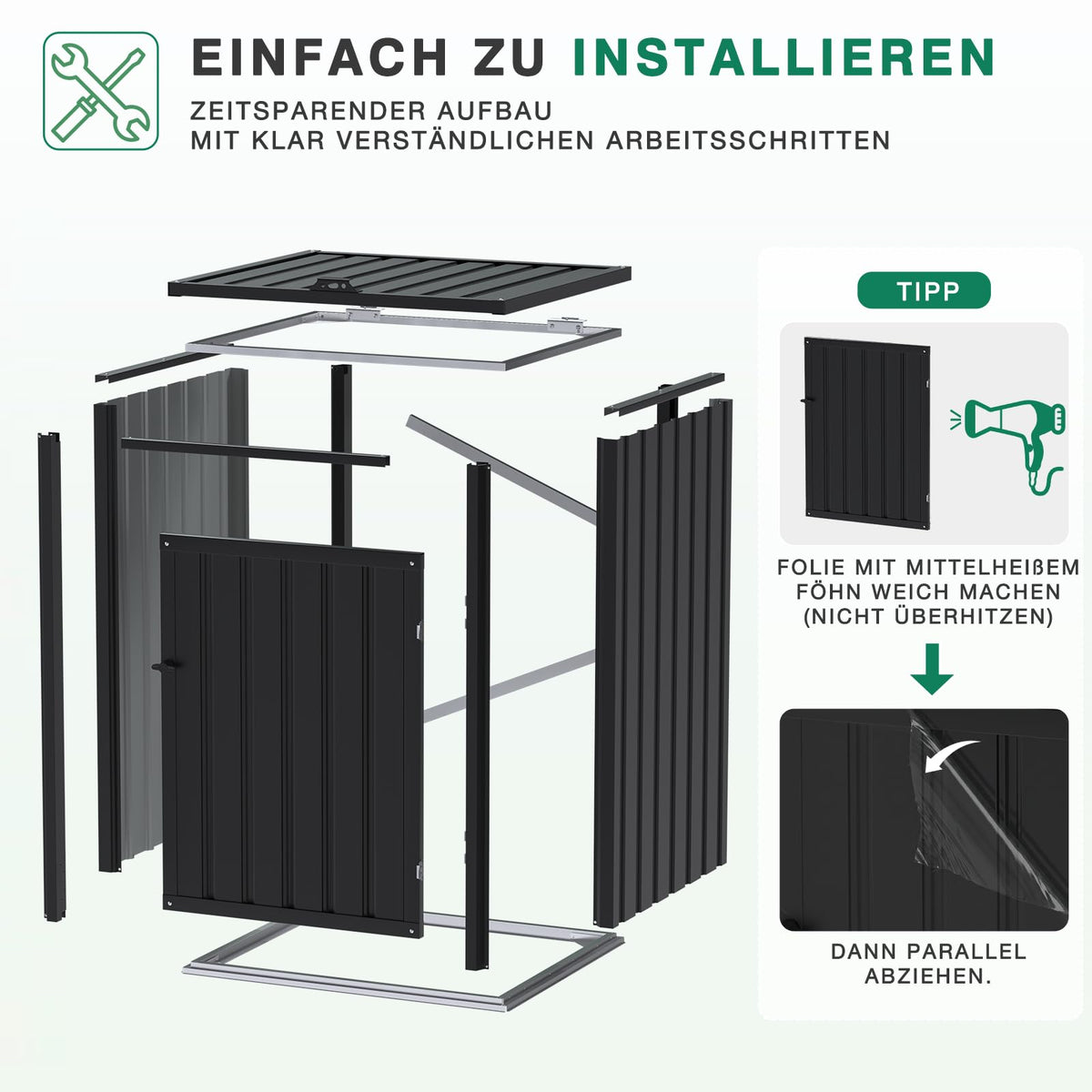 YODOLLA Mülltonnenbox für 240-Liter-Mülltonnen, Stahl-Mülltonnenabdeckung, Grau