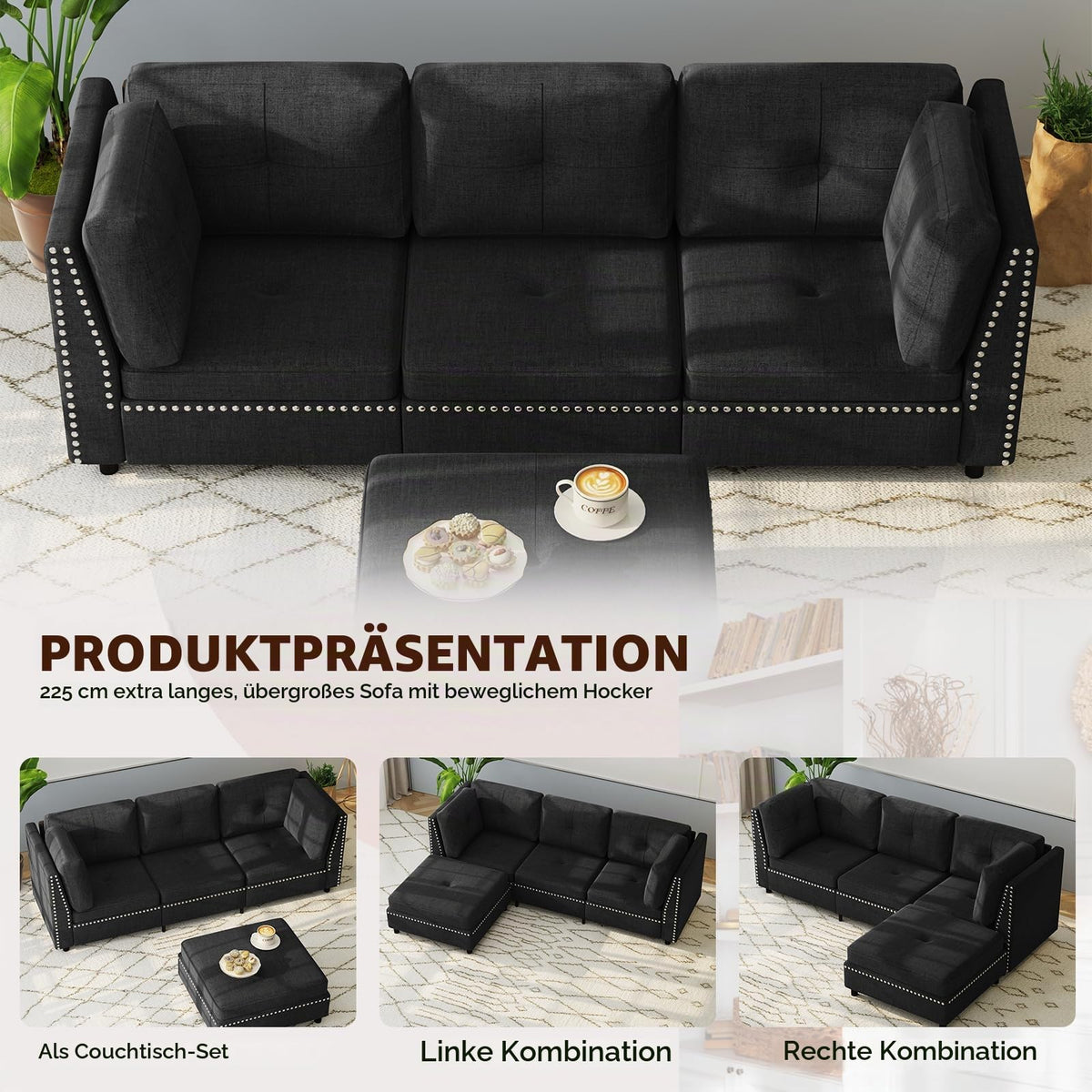 YODOLLA Ecksofa 225cm, L-Form Sofa mit Beweglichem Hocker, Schwarz