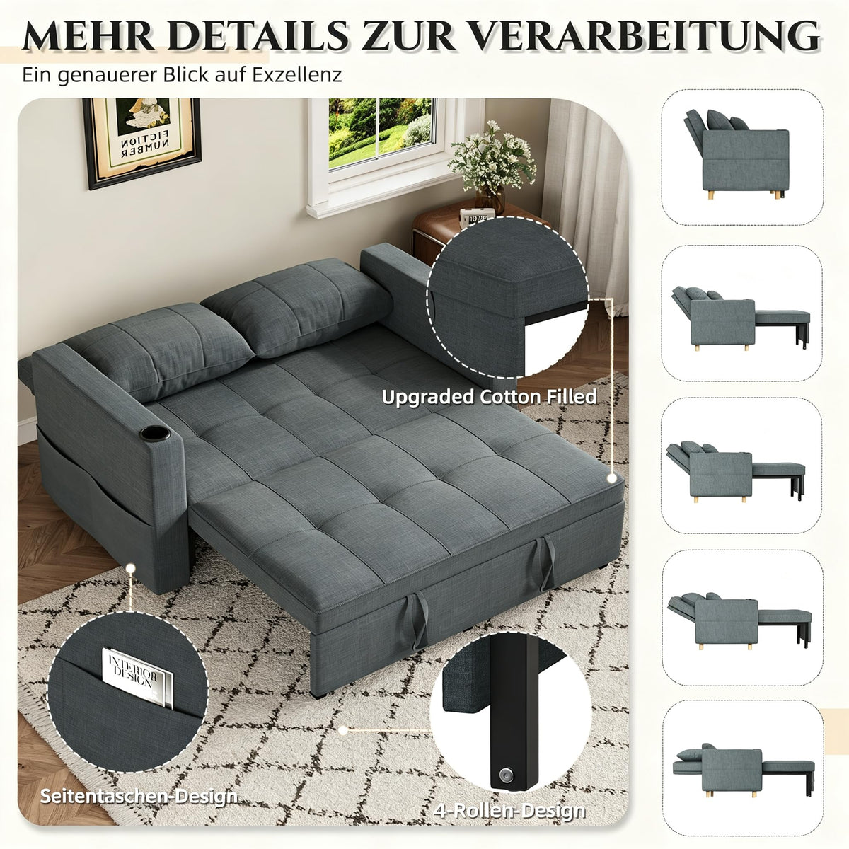 YODOLLA 3-in-1 Schlafsofa 160cm, 2-Sitzer Sofa, Dunkelgrau
