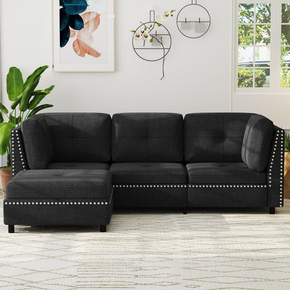 YODOLLA Ecksofa 225cm, L-Form Sofa mit Beweglichem Hocker, Schwarz
